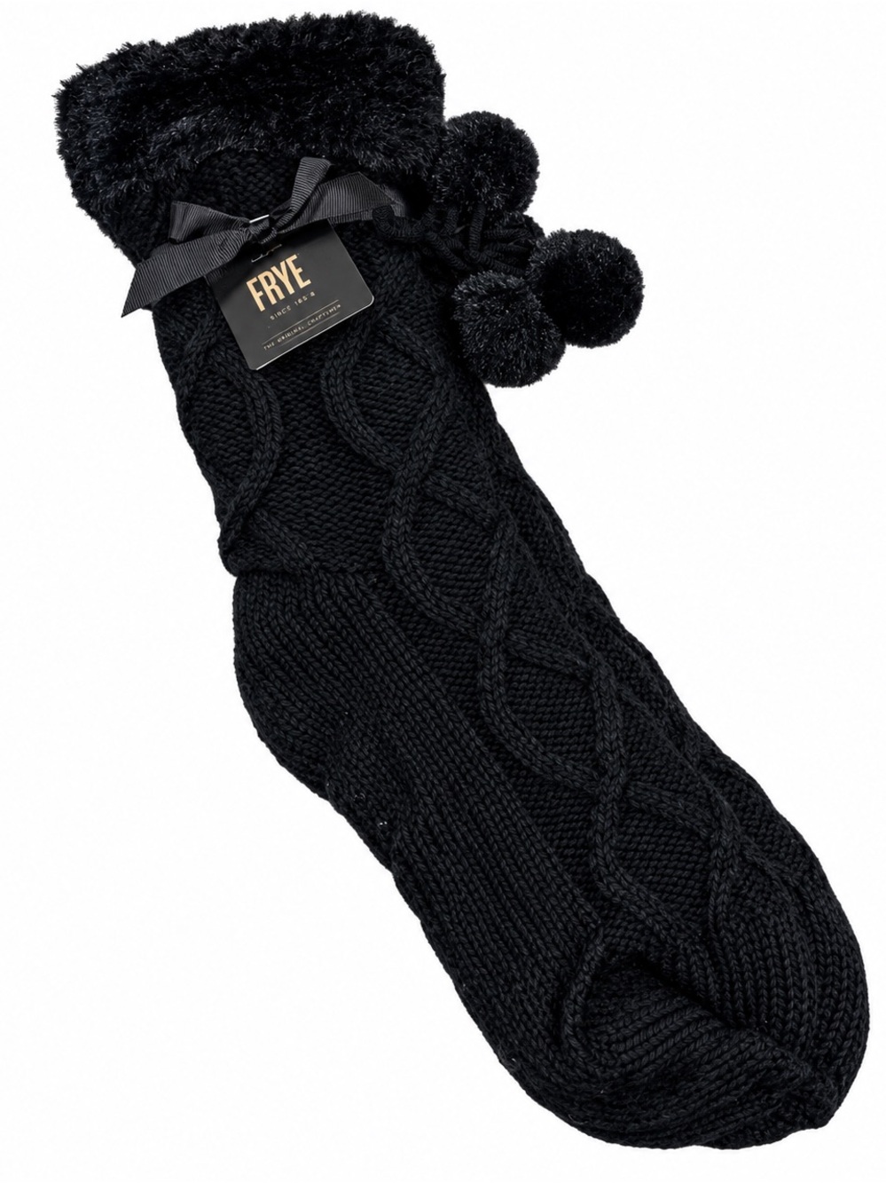 Frye Black Cable Knit Cozy Socks | Faux Fur Pom Pom Ties | NWT